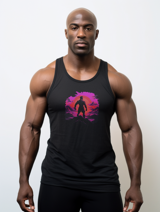 Black bodybuilder showing off a neon pink graphic tank top.