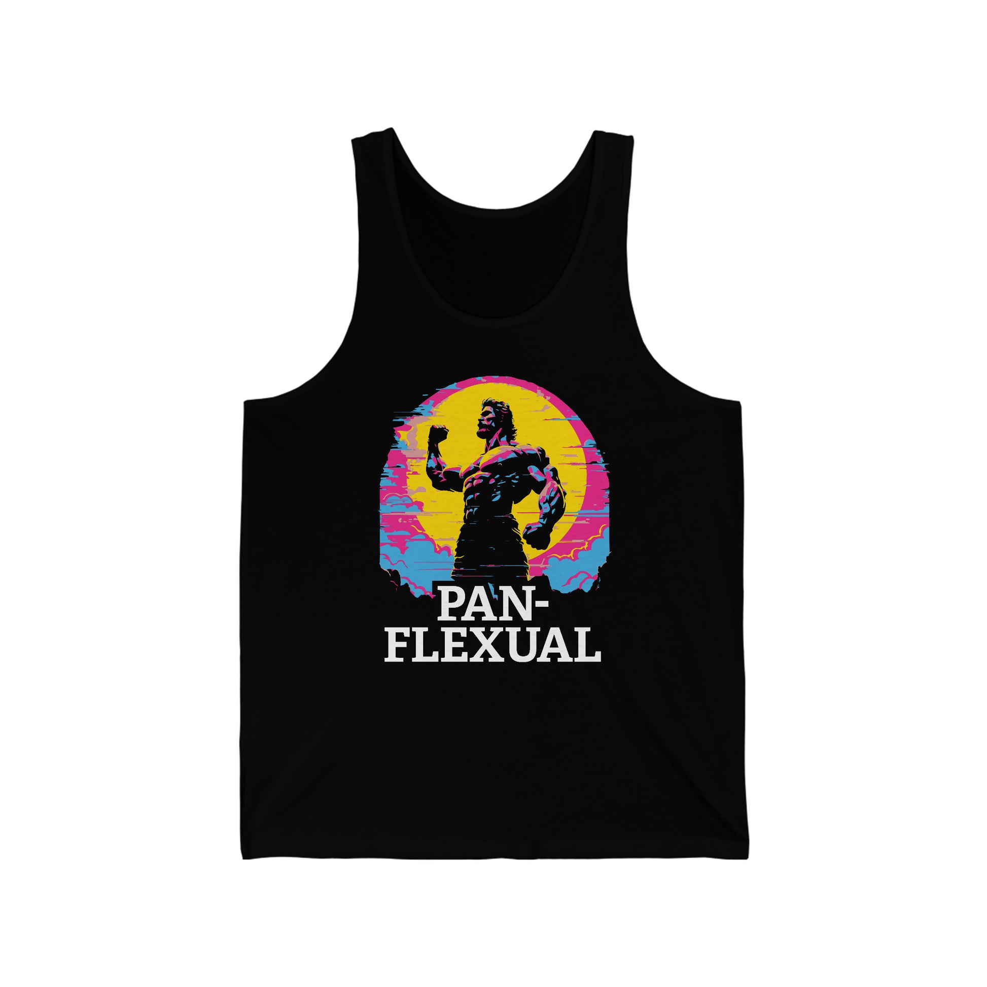 Black tank top featuring a graphic with a muscled bodybuilder and the phrase "Pan-Flexual" on it.