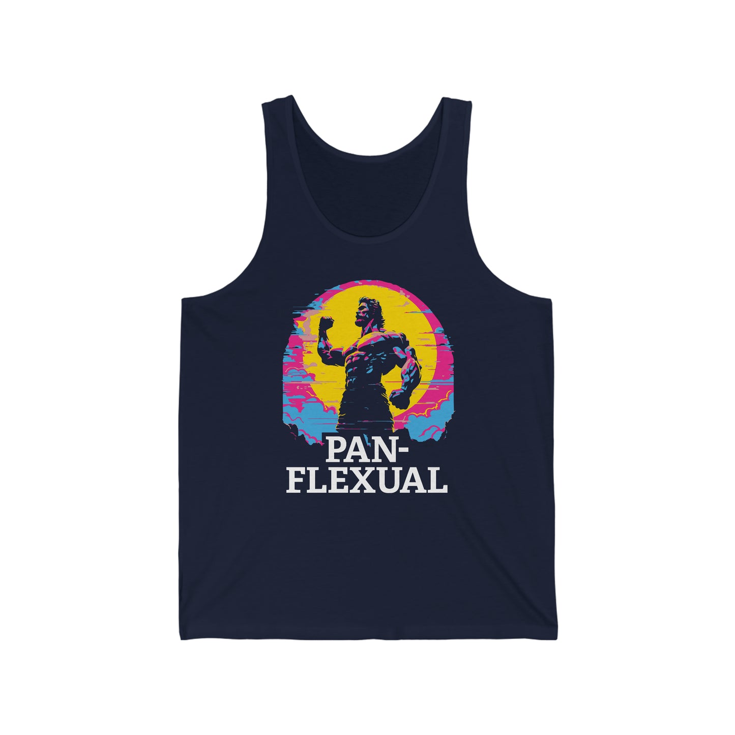 Navy blue tank top featuring a graphic with a muscled bodybuilder and the phrase "Pan-Flexual" on it.