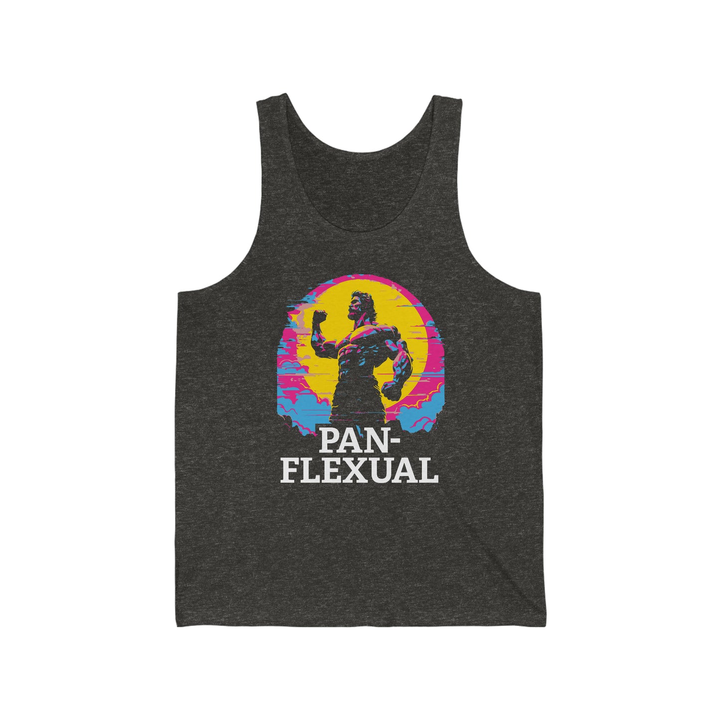 Heather gray tank top featuring a graphic with a muscled bodybuilder and the phrase "Pan-Flexual" on it.