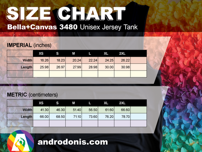 Size chart for tank top featuring a graphic with a muscled bodybuilder and the phrase "Pan-Flexual" on it.