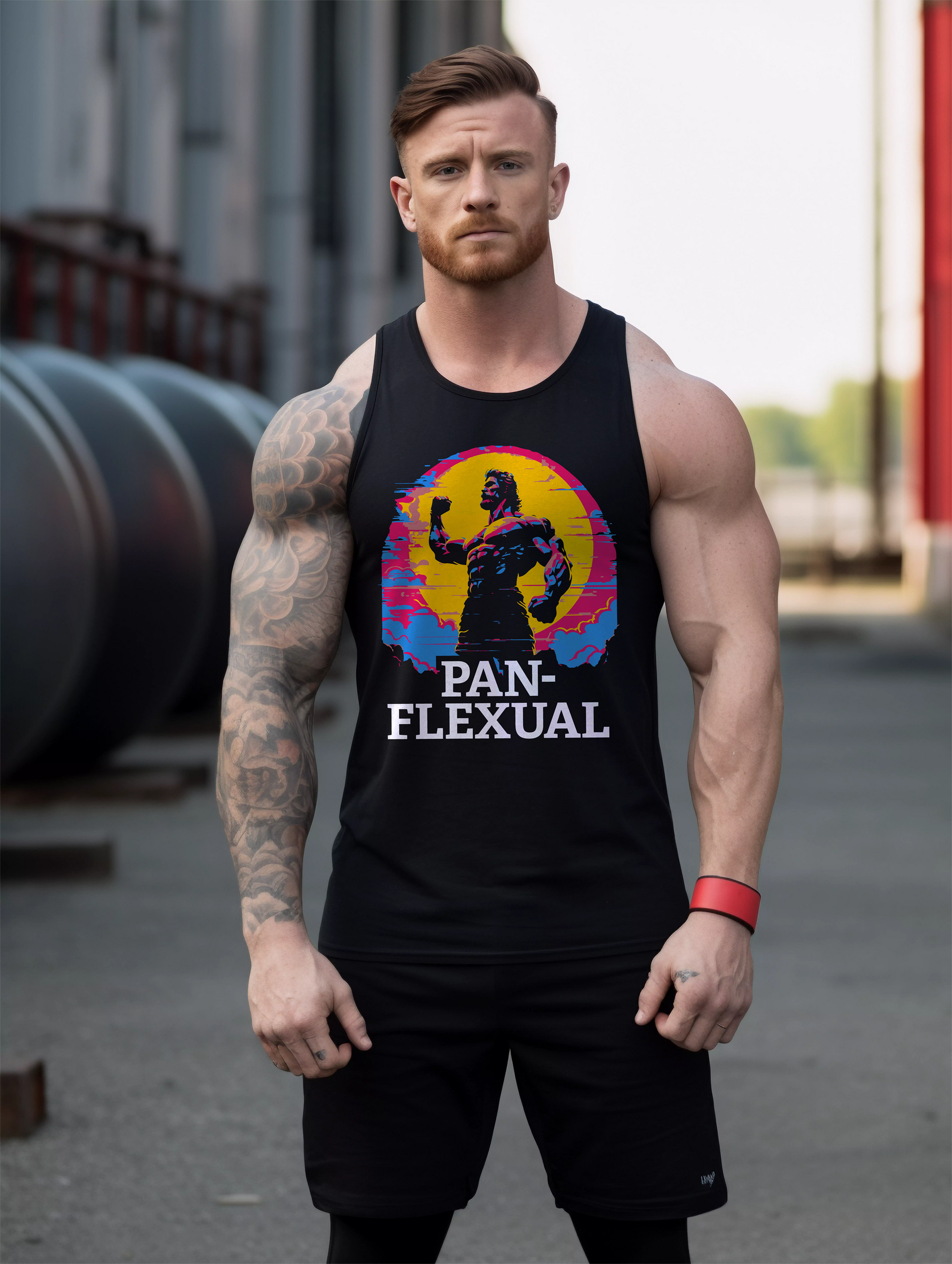 White muslced bodybuilder wearing a black tank top featuring a graphic with a muscled bodybuilder and the phrase "Pan-Flexual" on it.