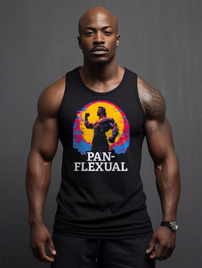 Black muslced bodybuilder wearing a black tank top featuring a graphic with a muscled bodybuilder and the phrase "Pan-Flexual" on it.